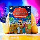 Kinderen boek Wat is Jannah? met kleurrijke illustraties van een Midden-Oosterse dorpscene